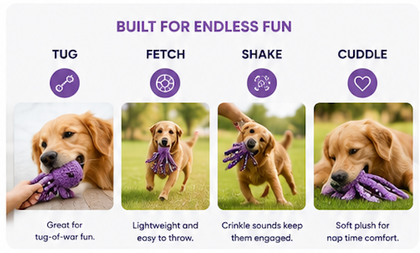 Plush Octopus Dog Toy – Soft, Squeaky Chew Toy for Dogs & Puppies
