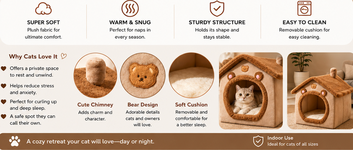 Cozy Indoor Pet House – Warm, Enclosed Hideaway Bed for Cats & Small Dogs