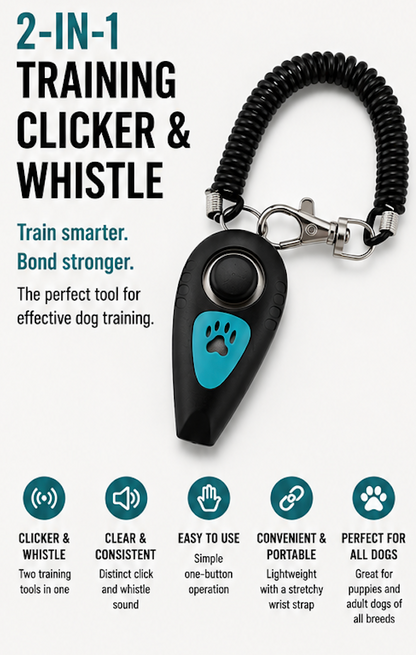 A 2-in-1 dog training clicker and whistle shown on a light gray background with promotional text and feature icons. The clicker is black with a teal paw-print accent and is attached to a black coiled wrist strap and silver clasp.