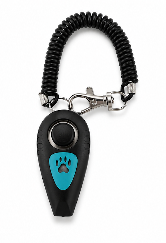 A black pet clicker with a bright blue paw print accent, attached to a black coiled leash strap and silver metal clasp, shown on a white background.