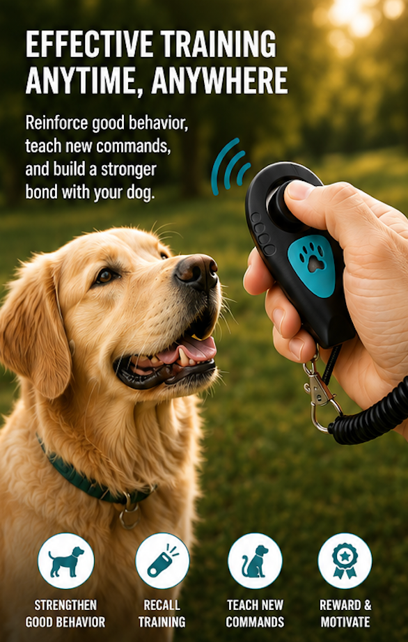 A golden retriever dog looks up while a human hand holds a black pet training remote with a blue paw-print button. The background is a blurred green outdoor setting with promotional text about effective training anytime, anywhere, and four benefit icons along the bottom.