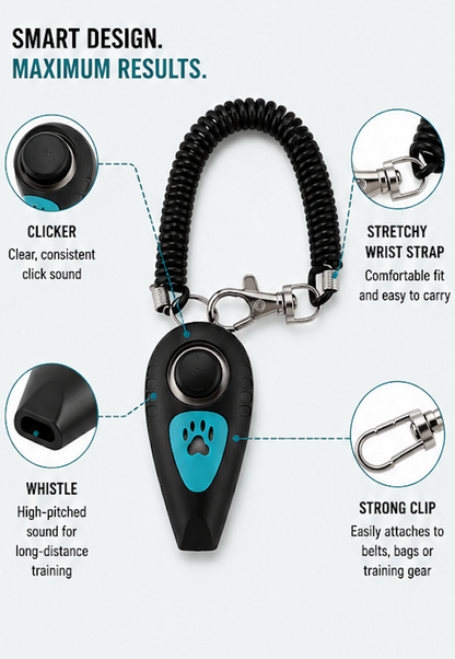A black and teal dog training remote with a coiled black wrist strap and metal clasp, shown on a light gray background with callout circles highlighting features like the clicker, whistle, stretchy wrist strap, and strong clip.