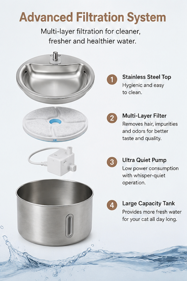 Stainless Steel Cat Water Fountain – Silent Pump, Filtered Drinking Fountain for Cats