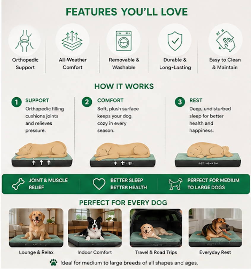 Orthopaedic Dog Sleep Pad – Memory Foam Bed for Joint Support & Comfort