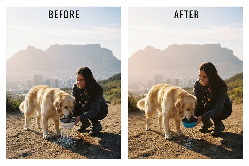 Realistic Before and After - Hiking with Pet Bowl